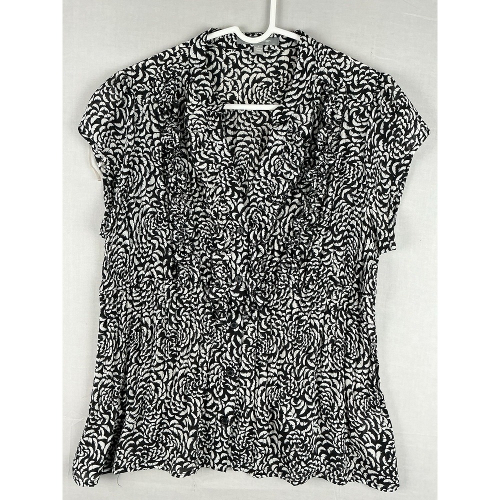 NY Collection Womens L Black White Floral Ruffle Button Blouse Top